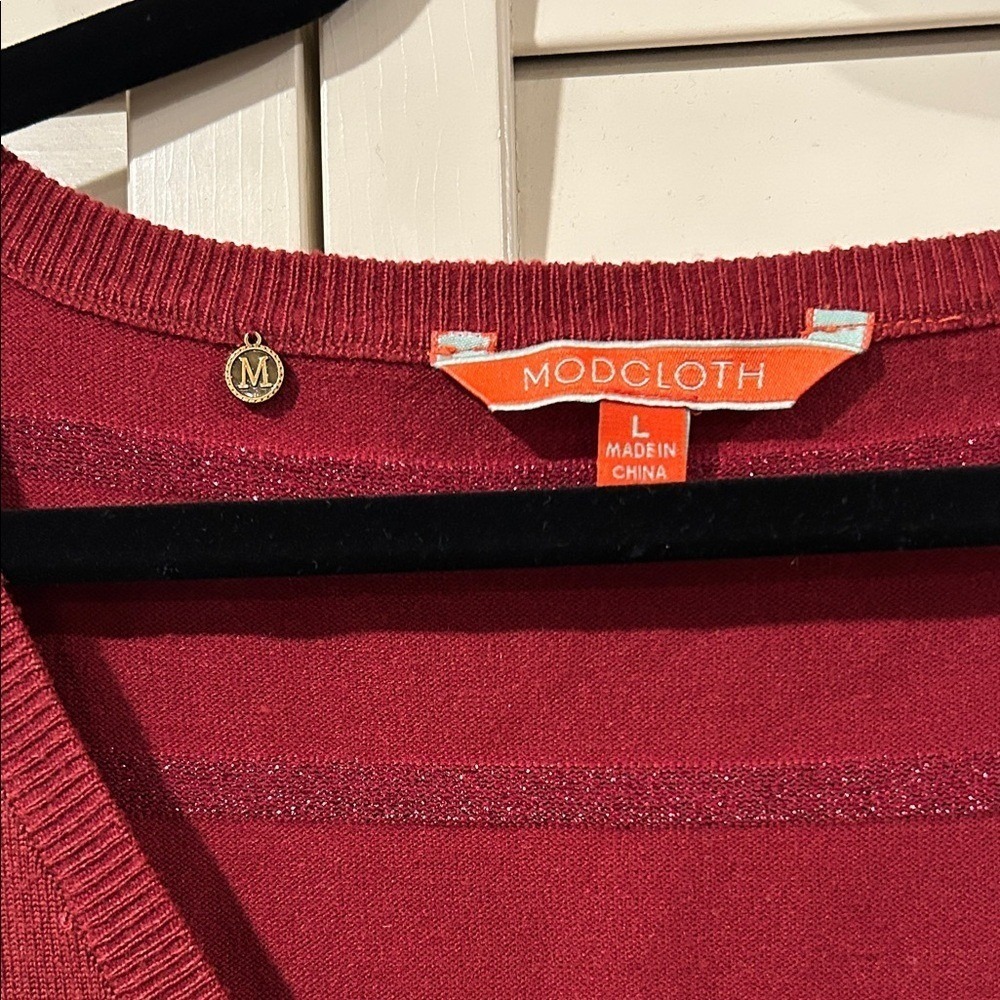 ModCloth Burgundy V-Neck Button Cardigan W/ Glitter Stripes Size L - Picture 2 of 7